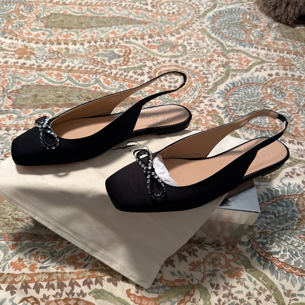 J. Crew Slingbacks in Black with Crystal Adorned Bow